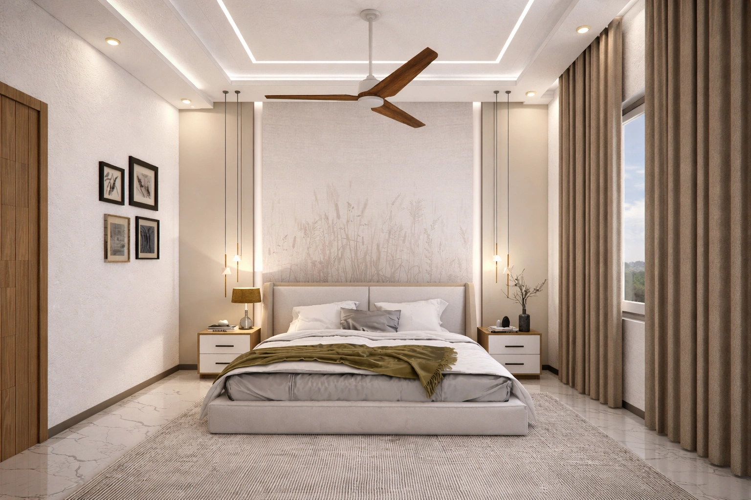 Elegant bedroom interior with ceiling lighting