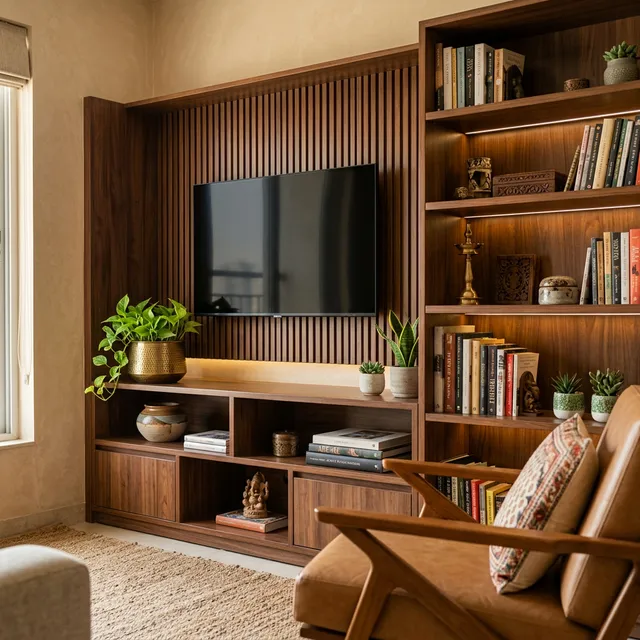 TV unit and bookshelf detail